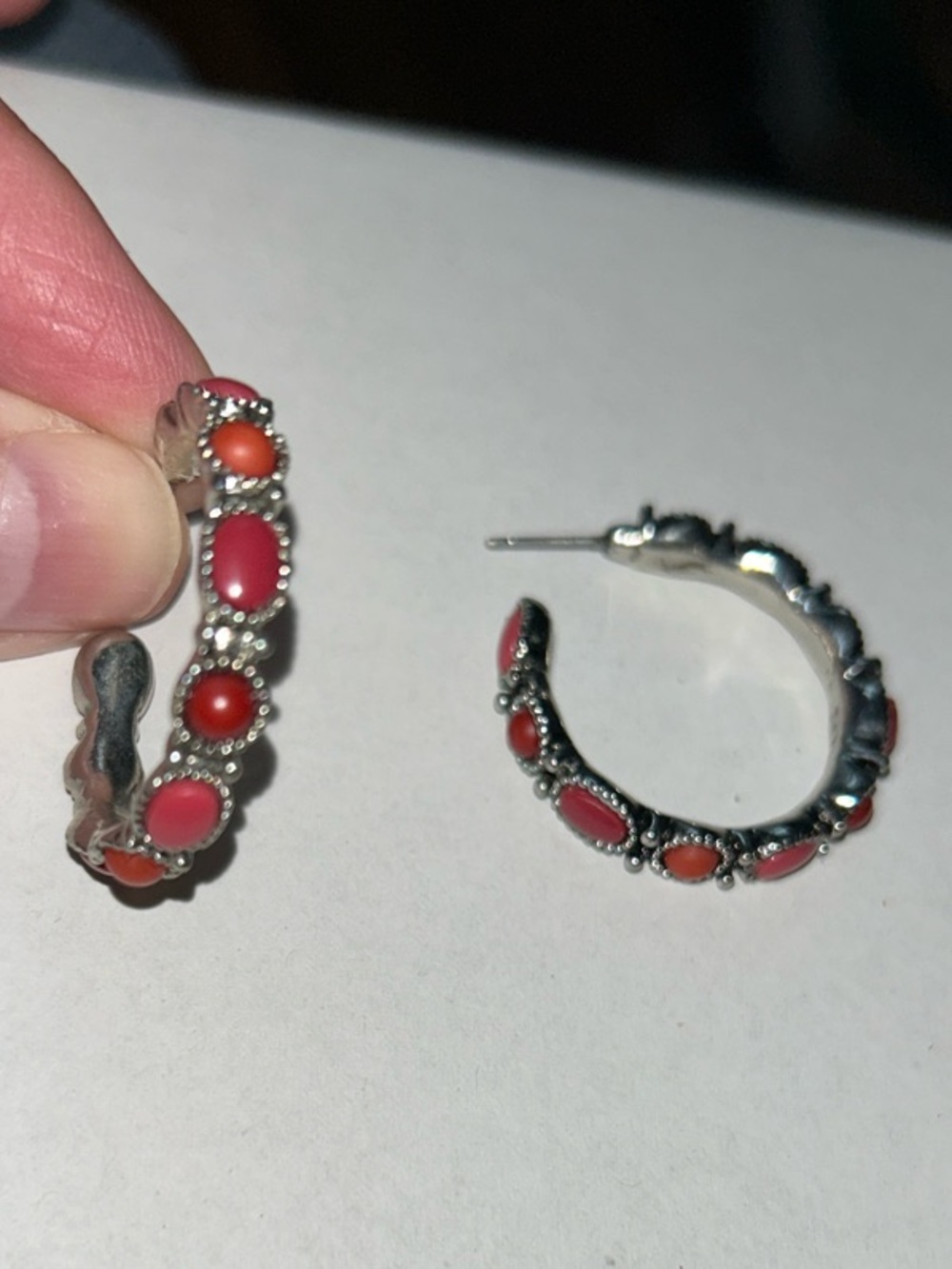 Sterling Silver Hoop Earrings with Coral-Red Stone Accents